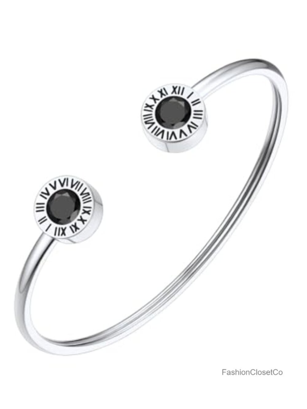 Stainless Steel Cuff Bracelet with Roman Numerals and Cubic Zirconia Birthstone